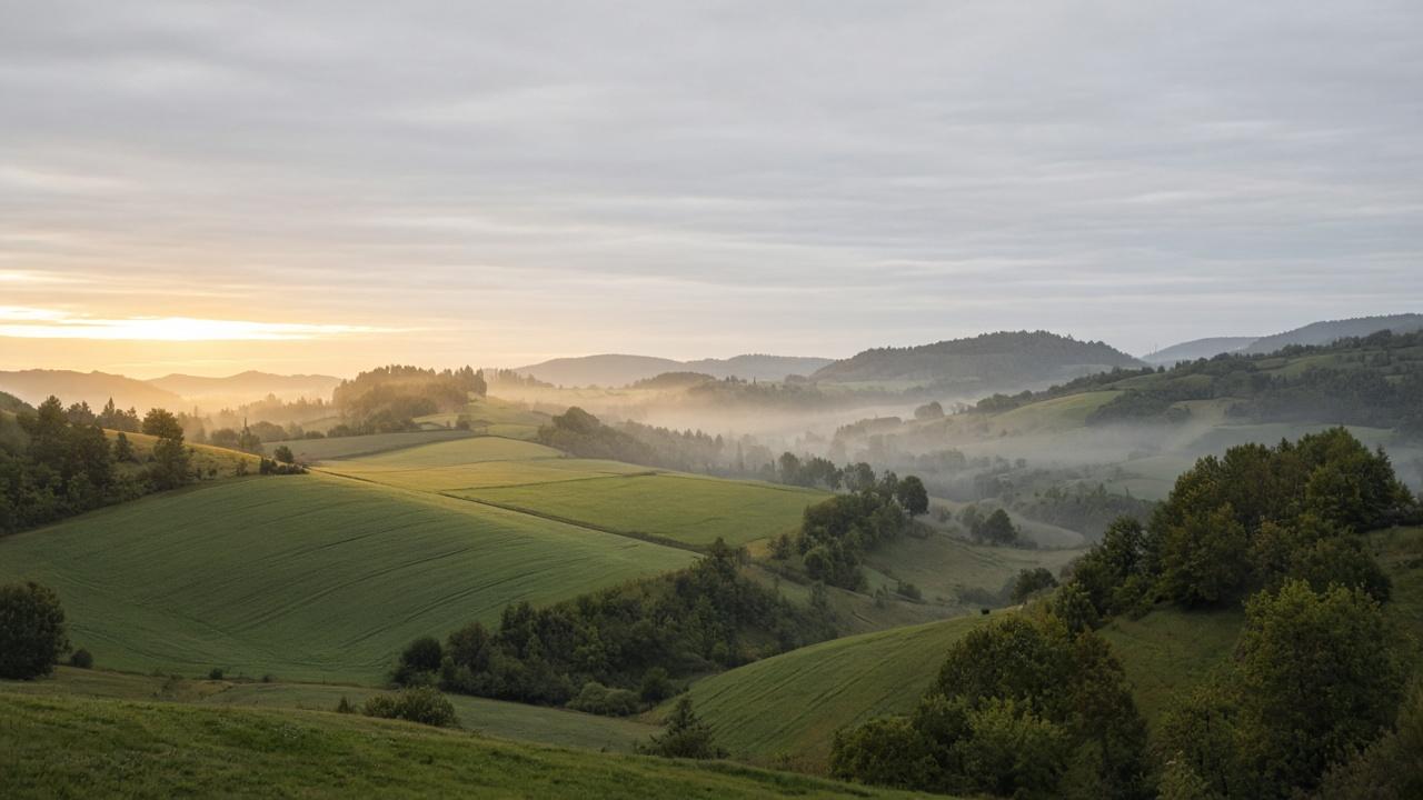 Hügellandschaft im Morgennebel (Symbolbild)